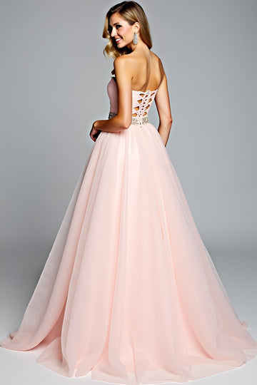 Robe de bal en tulle une ligne sans bretelles rose clair avec perles